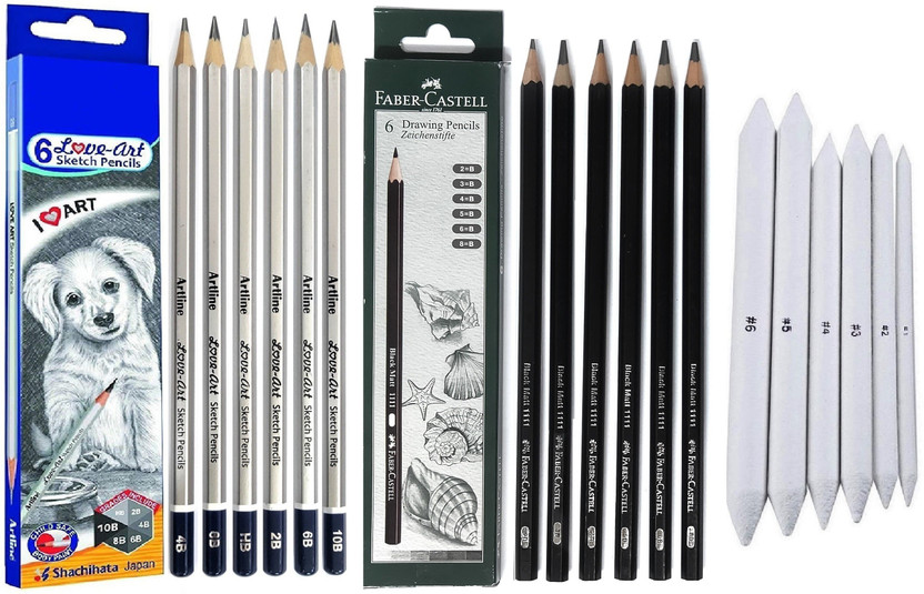 Definite ARTLINE 6Pc Sketch Pencils + 6Pc Blending Stumps + FABER CASTELL 6Pc Drawing Pencil(Grey and White)