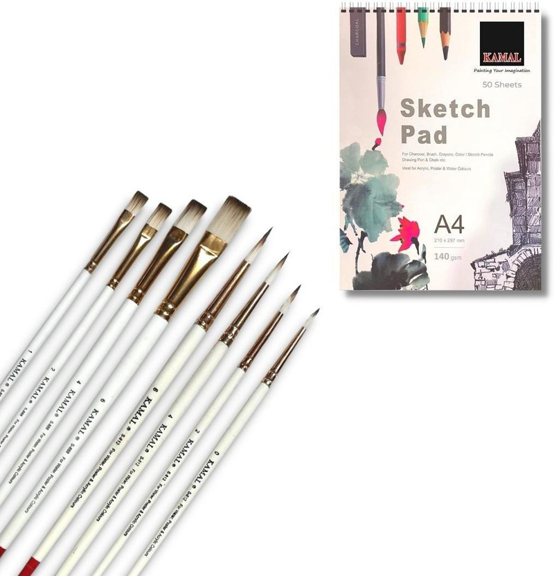 KAMAL Combo of Flat Round Brush Set of 8 with A4 Sketch Pad for Artists