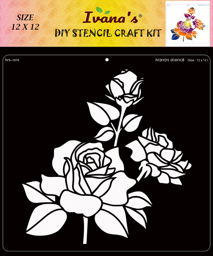 IVANA'S Rose design Stencil for Art & Craft , Reusable DIY Decorative Stencil IVS-1070 for Painting on Canvas, Fabric, Cloth, Paper, Glass and Wall,Size-12 x 12 inch, Stencil(Pack of 1, Rose design)