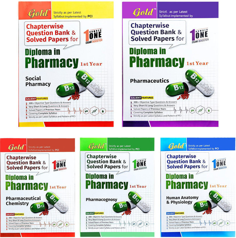 Diploma In Pharmacy (D.Pharma) First Year Chapterwise Question Bank And Solved Papers (Complete Set Of 5 Books) By Gold Books (India). Strictly As Per Latest ER 2020 PCI Syllabus(Paperback, By Team Of Experienced Lecturers)