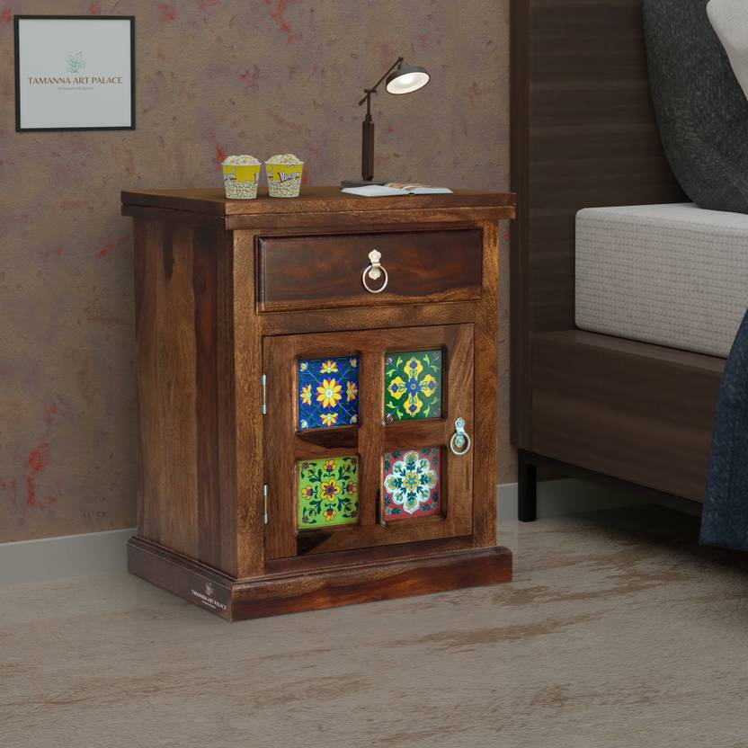 PLATINUM WOOD DECOR Solid Wood Colorful Ceramic Tiled Bedside Table