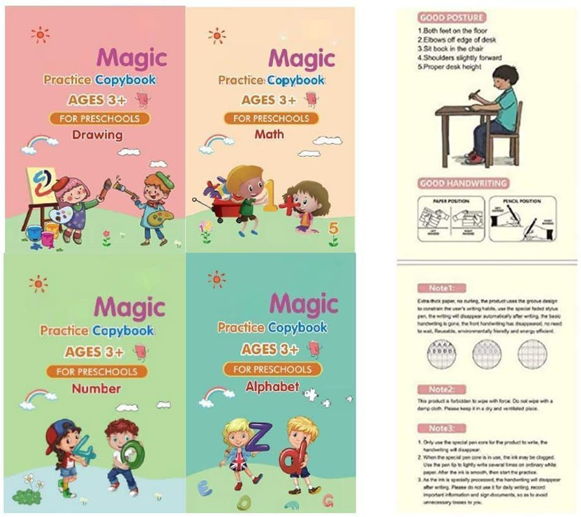 FLOSTRAIN Sank Magic Practice Copybook (4 BOOK + 5 REFILL+ 1 Pen +1 Grip)(Multicolor)