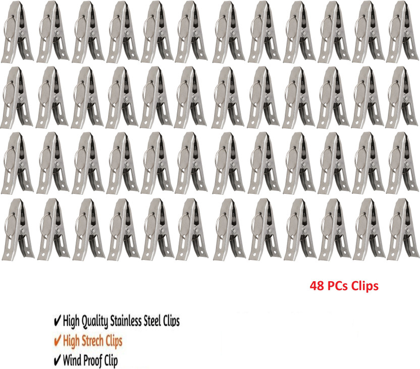 Fashion Bizz 48 Cloth Peg/ Drying Pins for Hanger/Rods/Ropes Stainless Steel Cloth Clips(Steel Pack of 48)