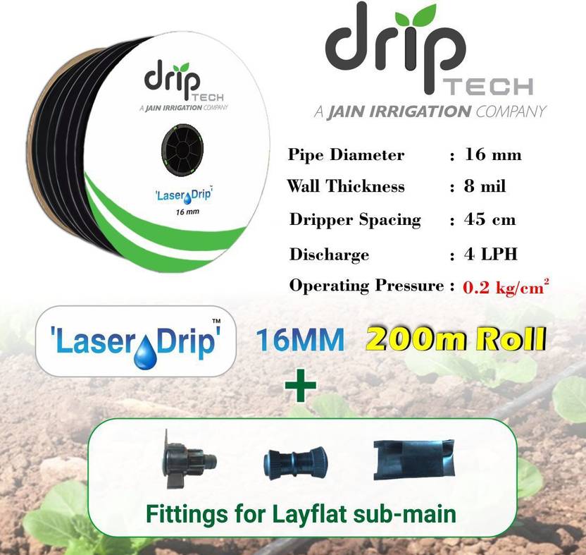 Driptech India Laser Drip 16MM, 8Mil, 45CM, 200M,1 Roll with Fittings