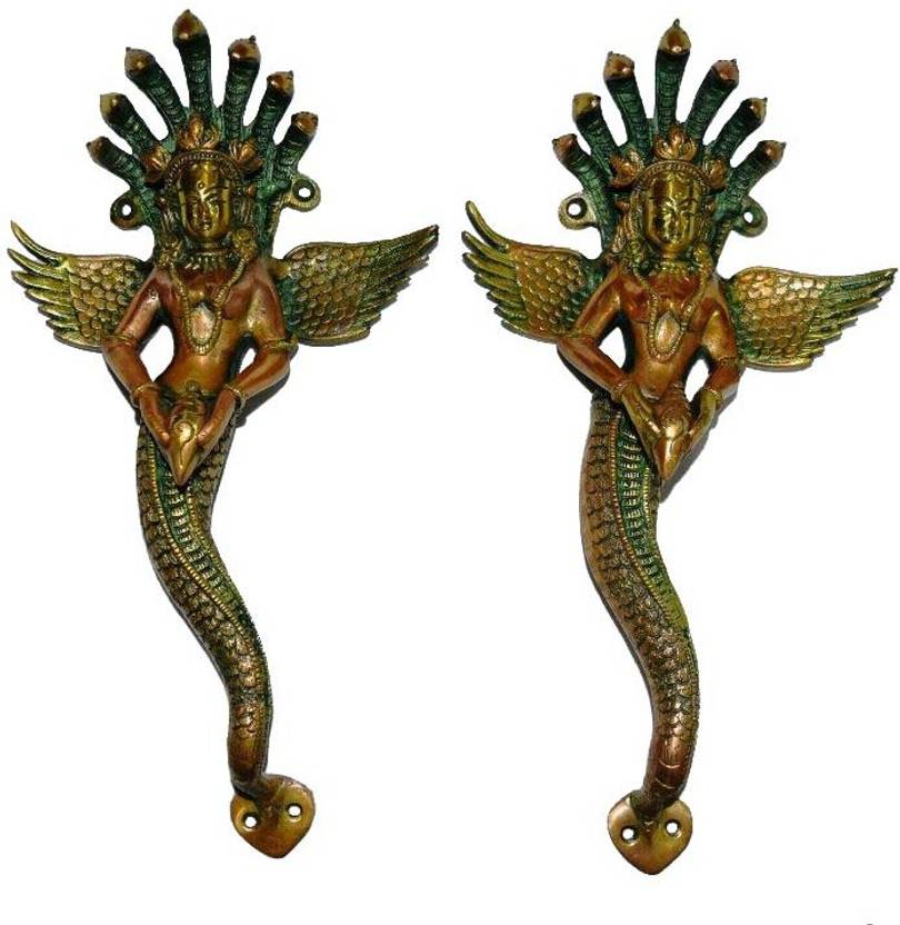 EthinicArt Mermaid Door Handle Pair Queen Snake Lady Door Pull Brass