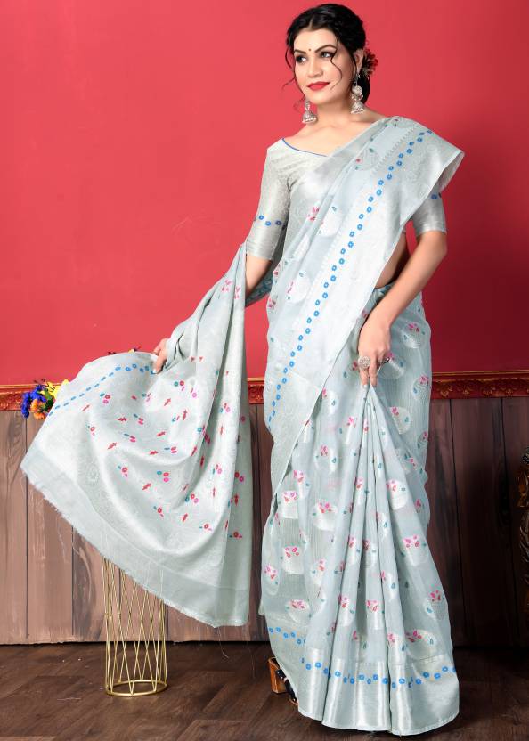 Buy limdo Printed Banarasi Linen Grey Sarees Online @ Best Price In India |  Flipkart.com