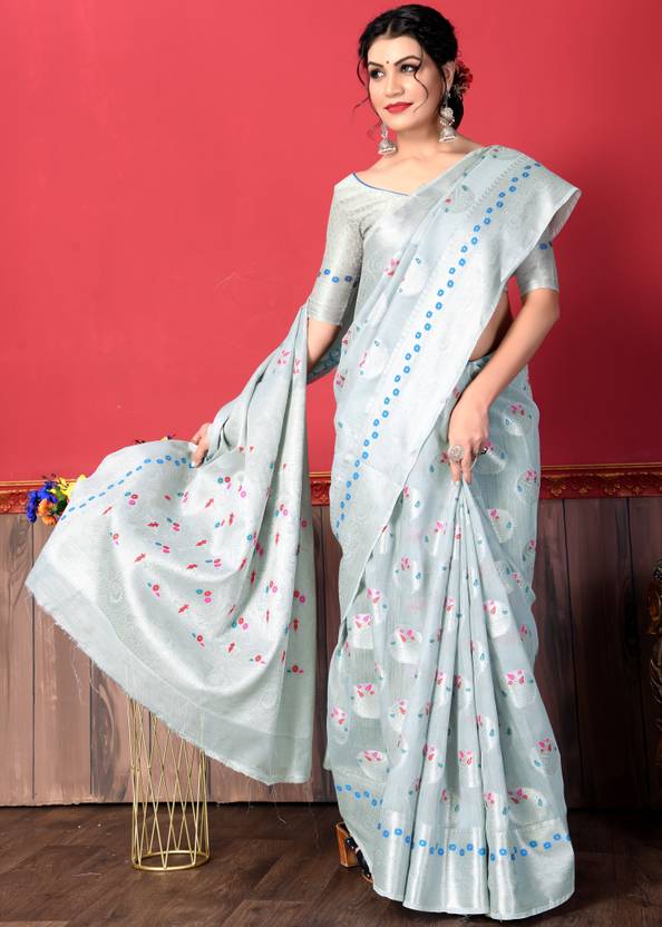 Buy limdo Printed Banarasi Linen Grey Sarees Online @ Best Price In India |  Flipkart.com