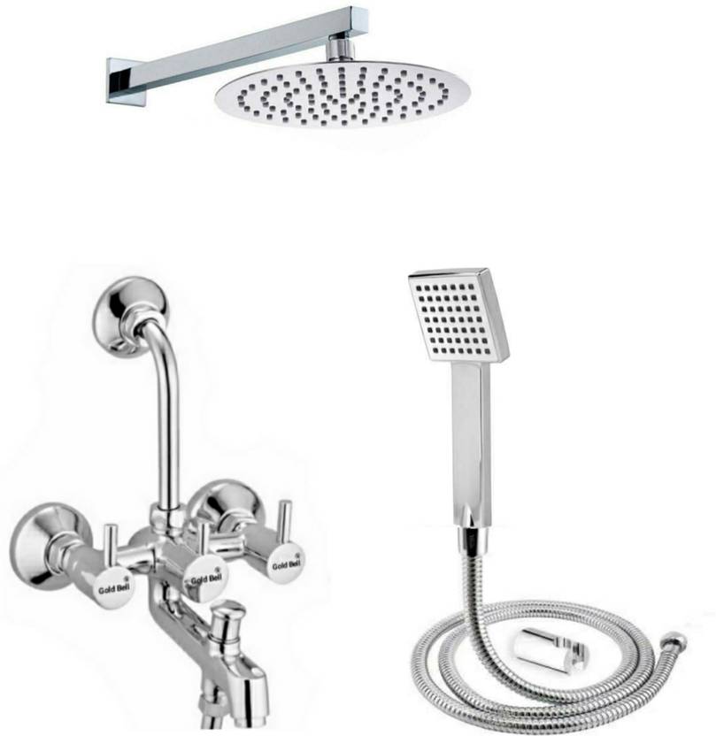 Gold Bell Premium Quality (3IN1396)Brass 3 In 1 Bathroom Wall Mixer Set 1 (Silver) Bathroom 3 in