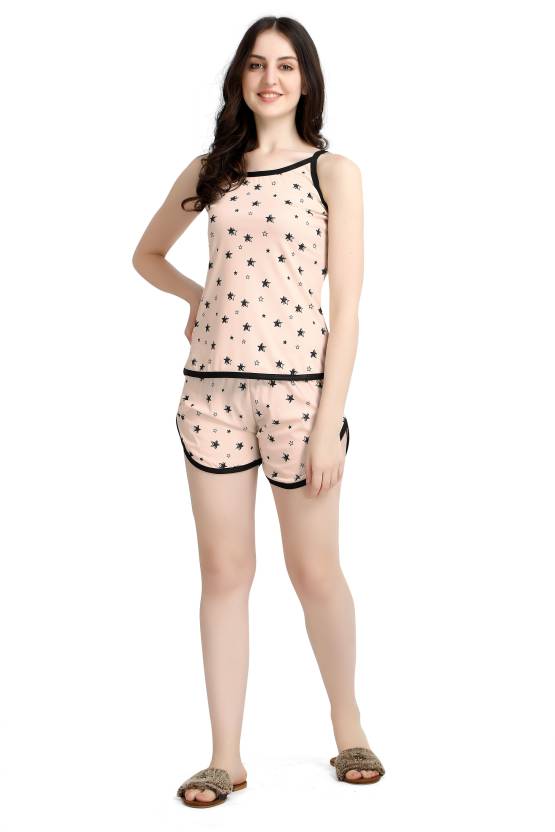 ZOWERO Women Top & Shorts Set Beige Printed