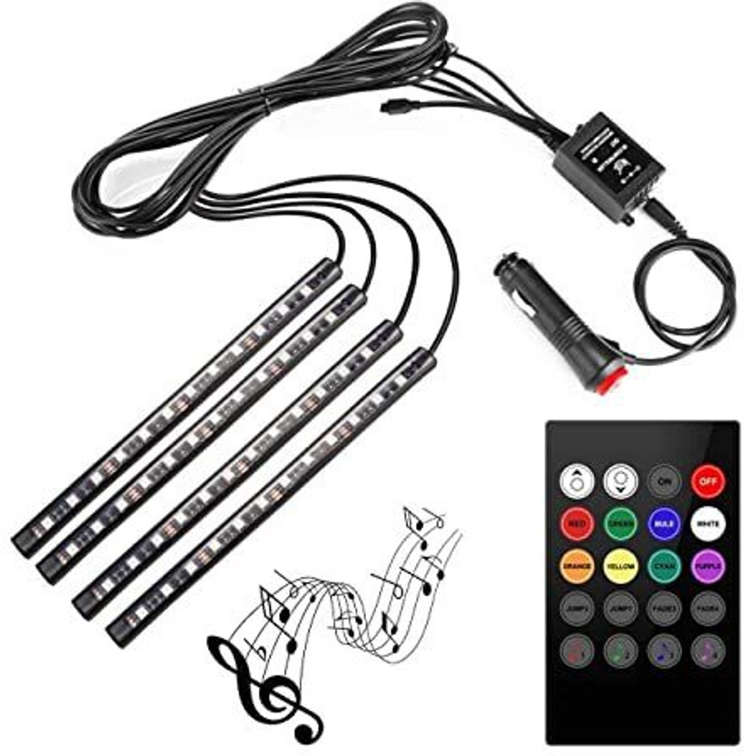 Getsocio ASPL-04 Atmosphere Lights Car LED Strip Light 4pcs 48 LED DC 12V Multicolor Music Car Interior Light LED Under Dash Lighting Kit with Sound Active Function and Wireless Remote Control Car Fancy Lights(Multicolor)