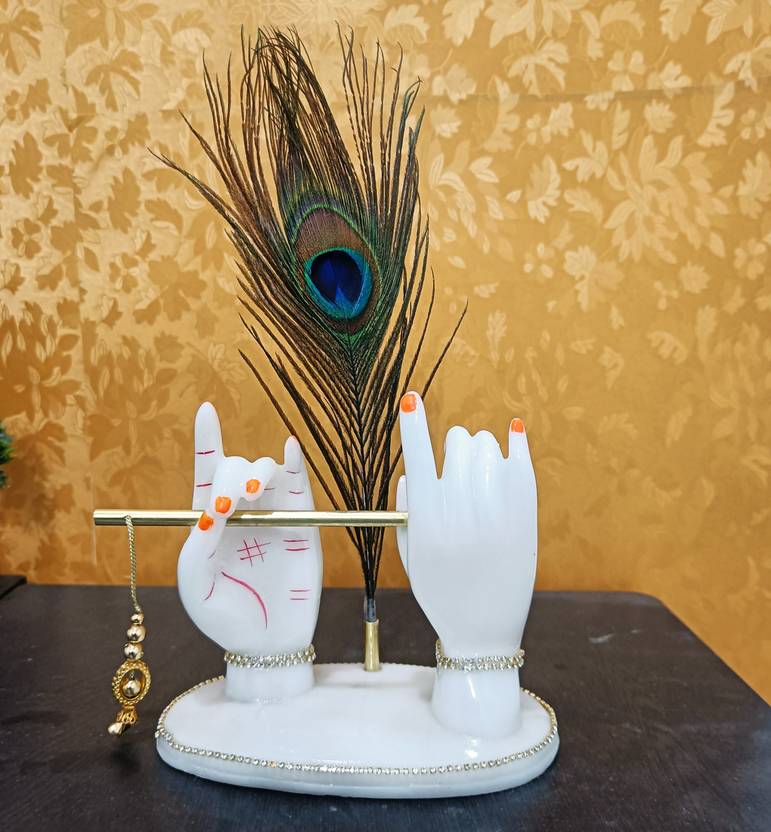 Krishna Hands with Flute Bansuri & Morpankh Statue for Home Decor Table