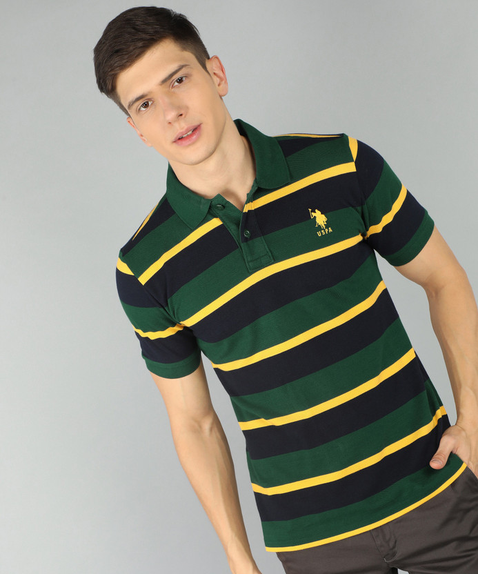green and black striped polo shirt