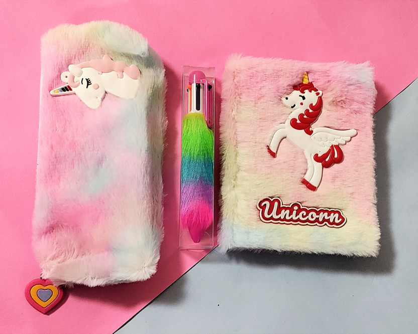 Preili's Unicorn Diary Notebook with Fur Pouch and Pen combo A5 Diary Ruled 200 Pages(Multicolor, Pack of 3)