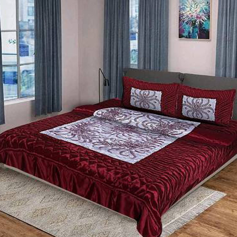 SOLAXO Satin King Sized Bedding Set(Maroon_3Pcs_VIP_Bedsheet-Set, One bedsheet, Two Pillow Cover)