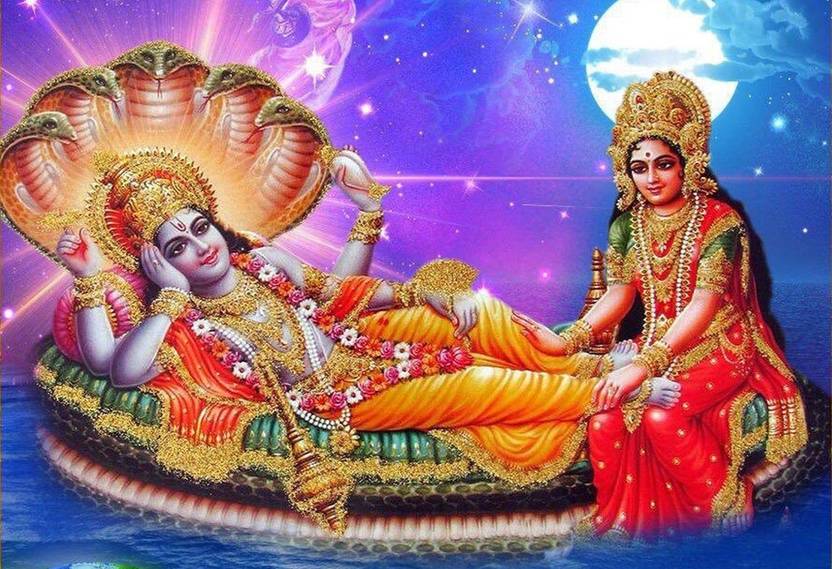 Poster Vishnu Ji With Laxmi Ji Wall Poster sl2172 (13x19 Inches, Matte