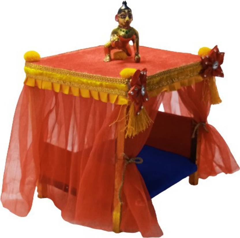 Kanha Krishna ji wooden double Bed decorated with net curtains size M 3