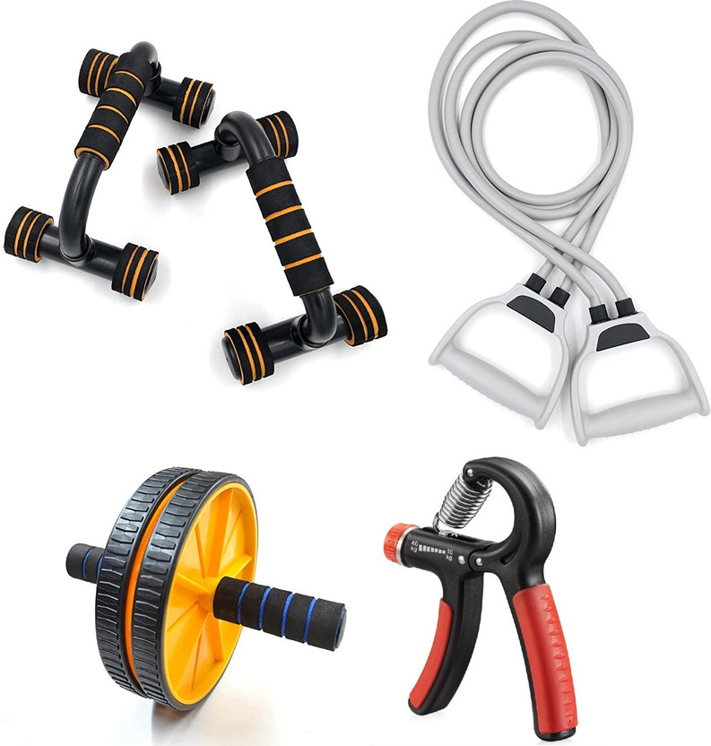 Manogyam For Home Gym Fitness Double Toning Tube,Hand Gripper,Push-Up Bar & Ab Roller Fitness Accessory Kit Kit
