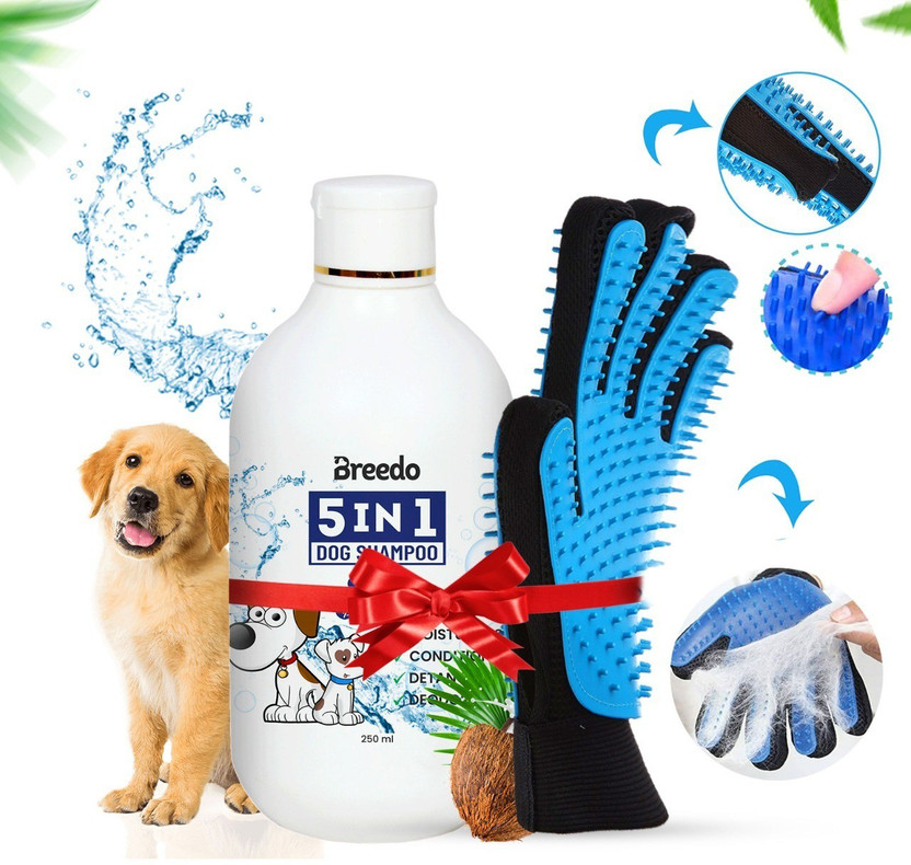 Breedo Dog Need (Combo of 2) 5IN1 Shampoo Conditioner + Gloves Allergy Relief, Conditioning, Anti-fungal, Anti-microbial, Anti-itching, Anti-dandruff Natural Dog Shampoo(250 ml)