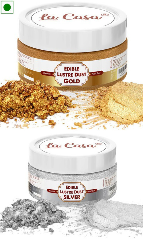 La Casa Premium Edible Lustre Dust - GOLDEN+SILVER | Pack of 2 | Pearl Dust Ideal for Cake Icing Decoration & Garnishing | Glitters(18 g, Pack of 2)