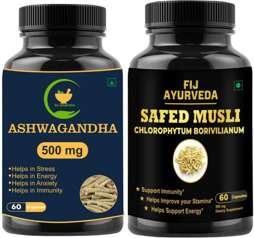 FIJ AYURVEDA Safed Musli Capsule with Ashwagandha Capsule for Energy & Stamina – (Combo Pack)(Pack of 2, 120 Capsules)