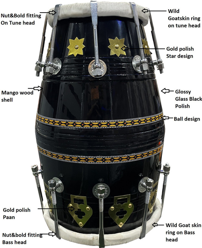 GT manufacturers Professional Mango wood Dholak Black 18 01 Nut & Bolts Dholak(Black)