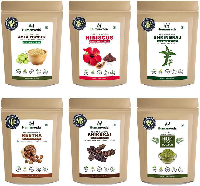 Humanveda Amla Reetha Shikakai Bhringraj Hibiscus & Neem Powder for Hair (100 x 6 = 600g)(600 g)
