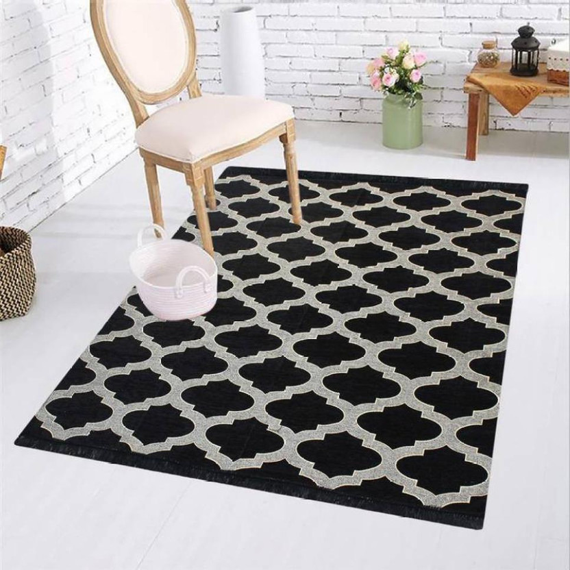 Shivkirpa 5 ft  X 7 ft Chenille Carpet(Rectangle, Black)