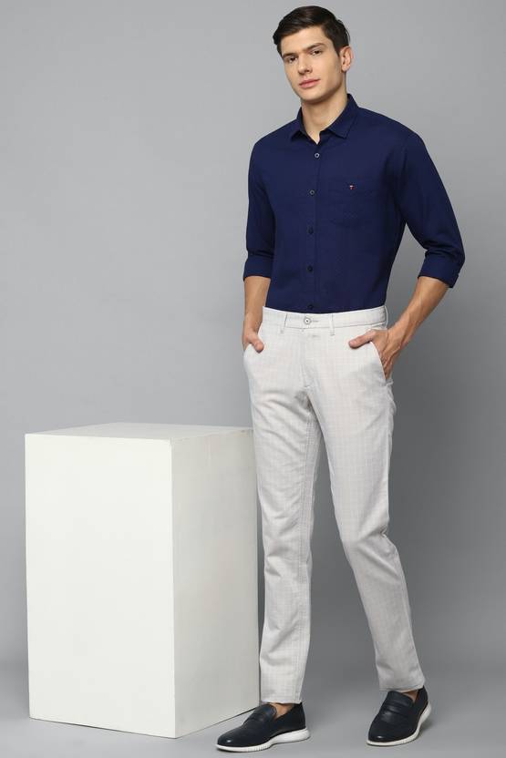 Navy blue shirt matching light grey pant outfit