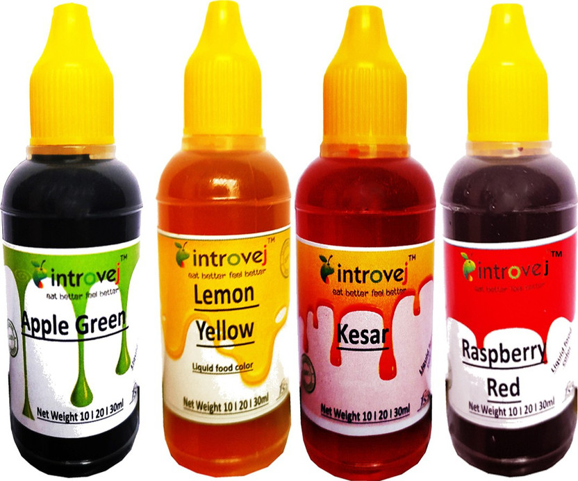 INTROVEJ Apple Green, Lemon Yellow, Kesar, Raspberry Red, Liquid food Colour Pack of 4 Multicolor(40 ml)