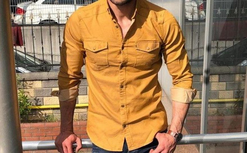 mem saab Men Solid Casual Yellow Shirt 