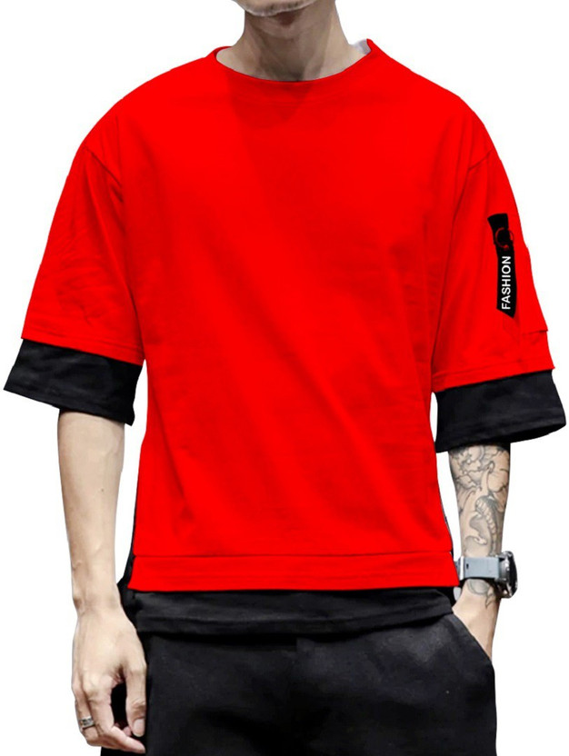 Color Block Men Round Neck Red T-Shirt