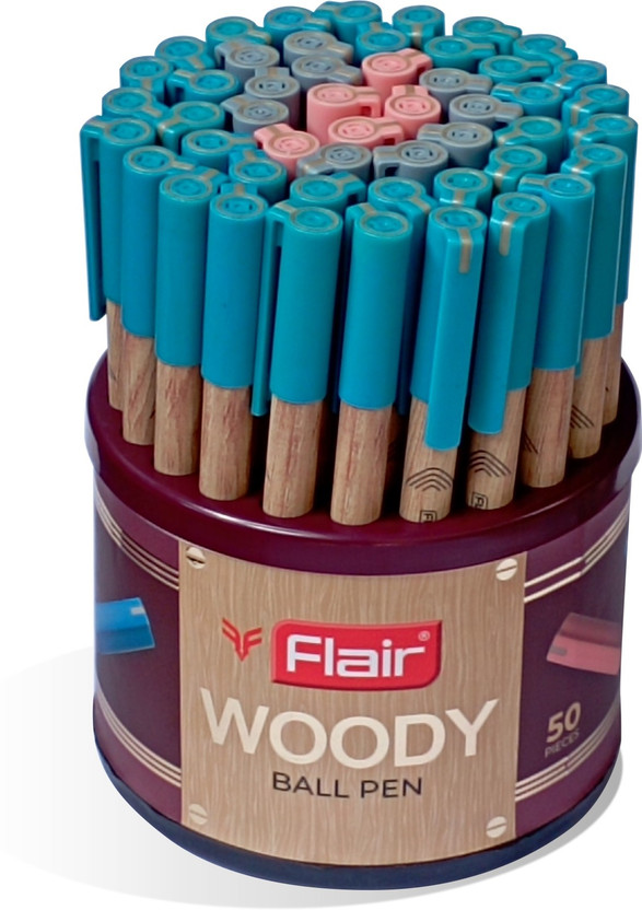 FLAIR Woody 0.7 mm Stand | Attractive Woody Design | Smooth Ink Flow System Ball Pen(Pack of 50, Ink Color - Blue, Black, Red)