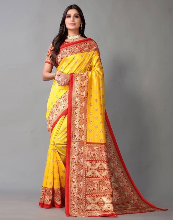 Buy Siril Printed, Geometric Print, Animal Print Banarasi Cotton Silk Gold,  Yellow Sarees Online @ Best Price In India 
