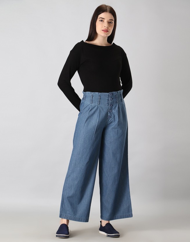 Buy Women Navy Solid Denim Parallel Trousers online  Looksgudin