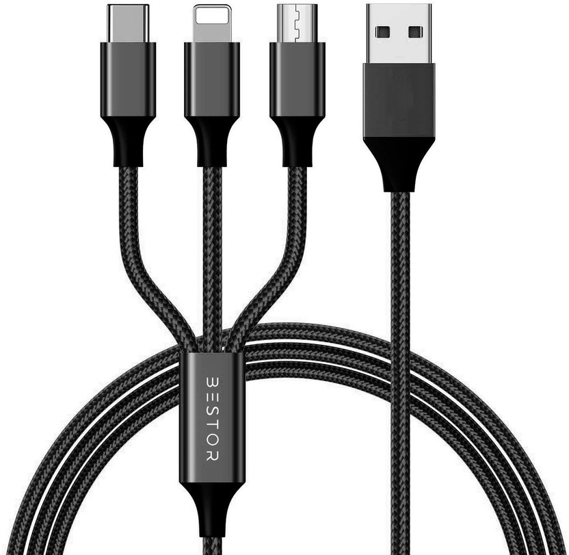 Bestor USB Type C Cable 2 A 1.2 m Multi Charging Cable 4ft 3 in 1 Nylon Braided Multiple USB Fast Charging Cable for Android, iOS and Type C Devices USB Port Connectors Compatible Smart Phones & Tablets And More (Black)(Compatible with SMART PHONE, IOS, ANDROID, Black, One Cable)
