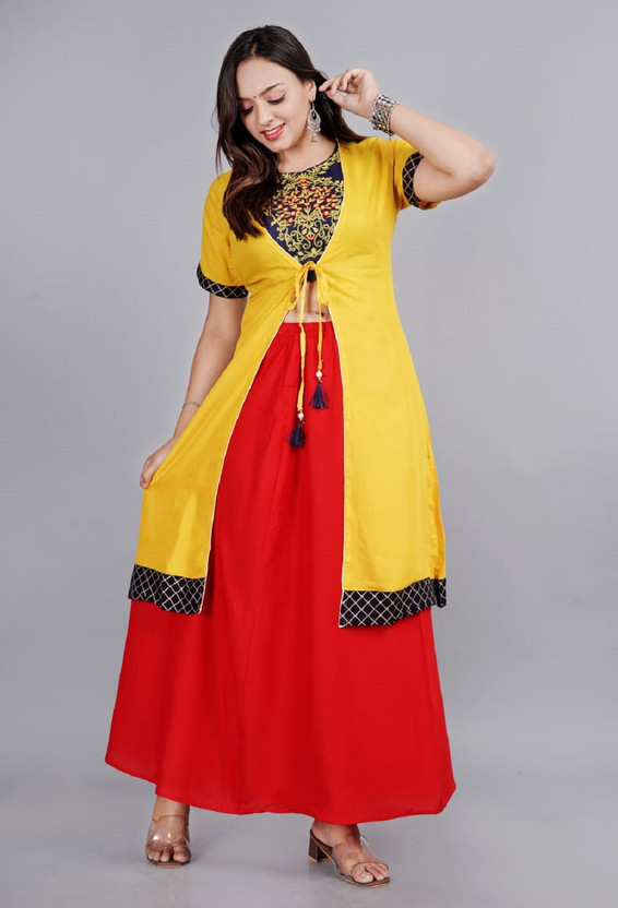 top with skirt and ethnic jacket