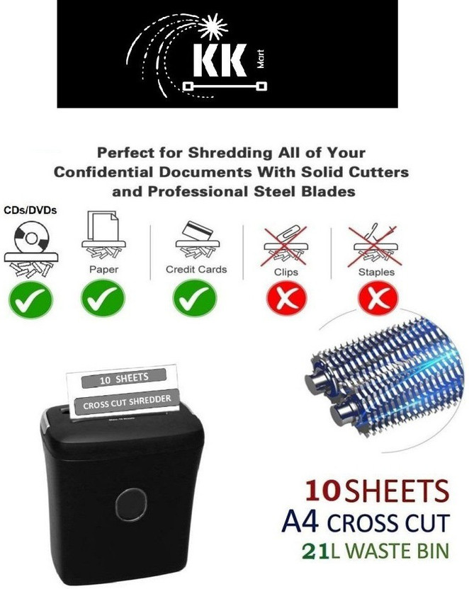 KK MART Paper Shredder 10 Sheets with CD/Credit Card Shredder(22 Litre Bin)-Cross Cut Paper Trimmer(10)