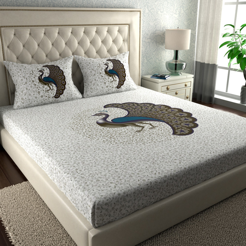 LA VERNE Cotton Double Flat 144 TC Jaipuri Prints 1 Bedsheet with 2 Pillow Covers(Beige)