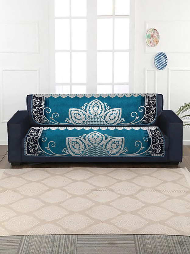 Multitex Chenille 3 Seater Sofa Floral Cover(Pack of 2 Blue)