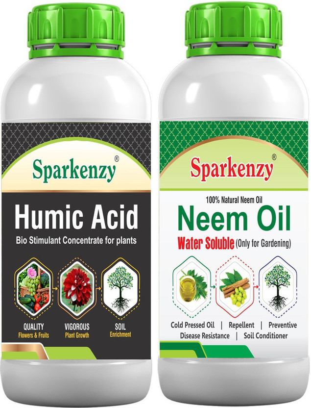 SparKenzy organic Neem oil 250ml + Humic acid 250ml water soluble for plants Fertilizer, Manure, Potting Mixture(0.5 L, Liquid)