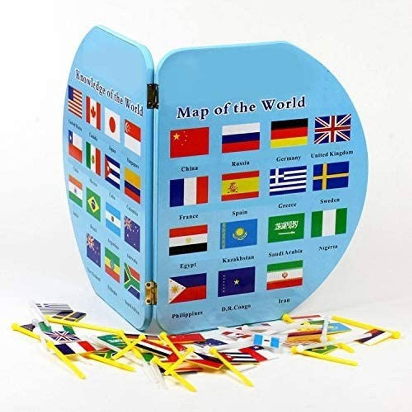 BM RETAIL Wooden World Map Flag The Capitals with 36 Flags Educational