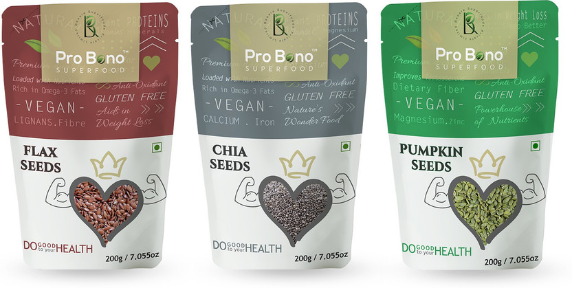Beeare superfoods PROBONO Organic Flax, Chia, and Pumpkin Seeds Combo for Improved Bone Health Roasted Flax Seeds, Chia Seeds, Pumpkin Seeds(3 x 66.67 g)