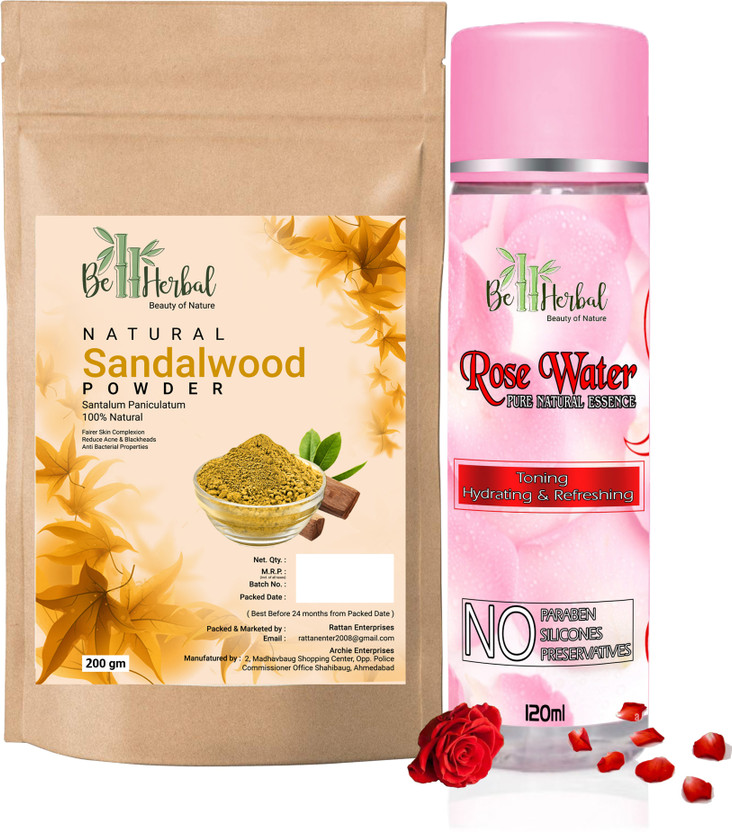 BE HERBAL Pure Natural Sandalwood powder 200g +Rose water 120ml combo Face & Skin Glow(320 g)