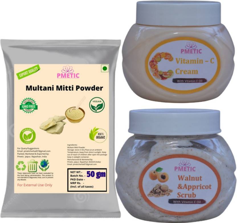 pmetic 50Gm Multani Mitti Powder,200Gm Walnut & Appricot Scrub,200Gm