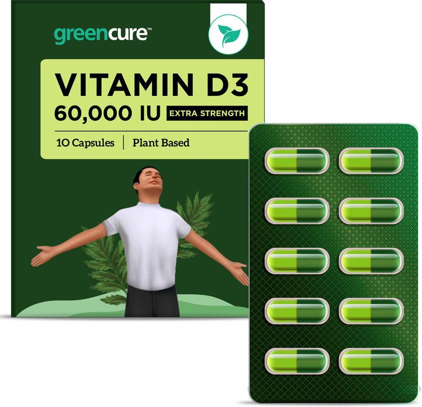 GREEN CURE Vitamin D3 60000 IU Plant Based Supplement 10 Veg Capsules