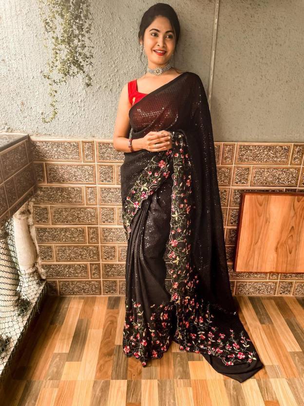 Buy MAHAMAYA CREATION Embroidered Bollywood Georgette Red, Black Sarees  Online @ Best Price In India 