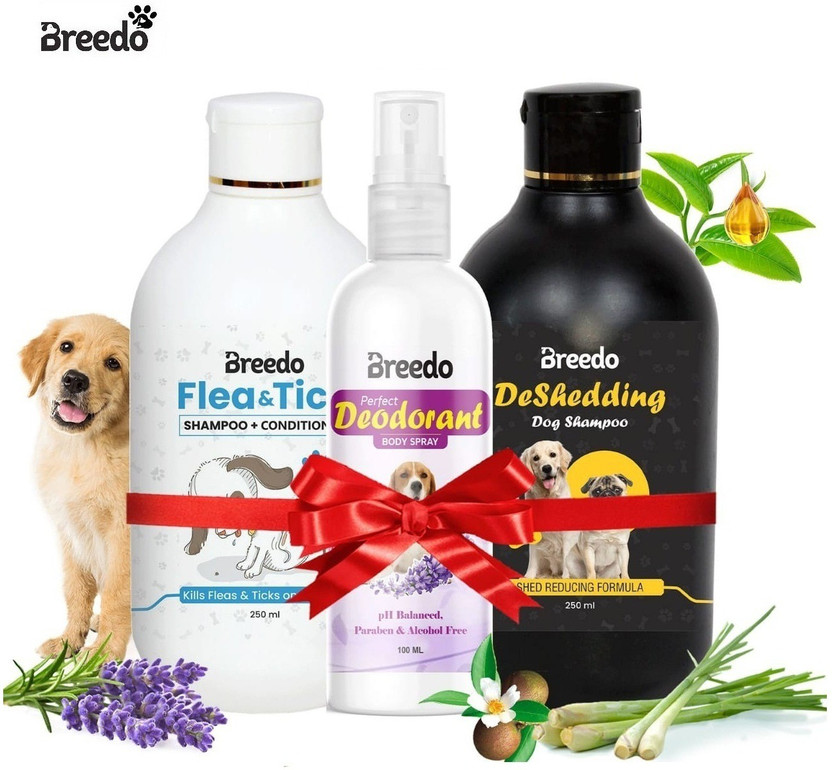 Breedo (Combo of 3) Dog Deshedding Shampoo + Flea-Tick Shampoo + Deodorant Spray Allergy Relief, Conditioning, Anti-fungal, Anti-microbial, Anti-itching, Anti-dandruff Natural Dog Shampoo(600 ml)