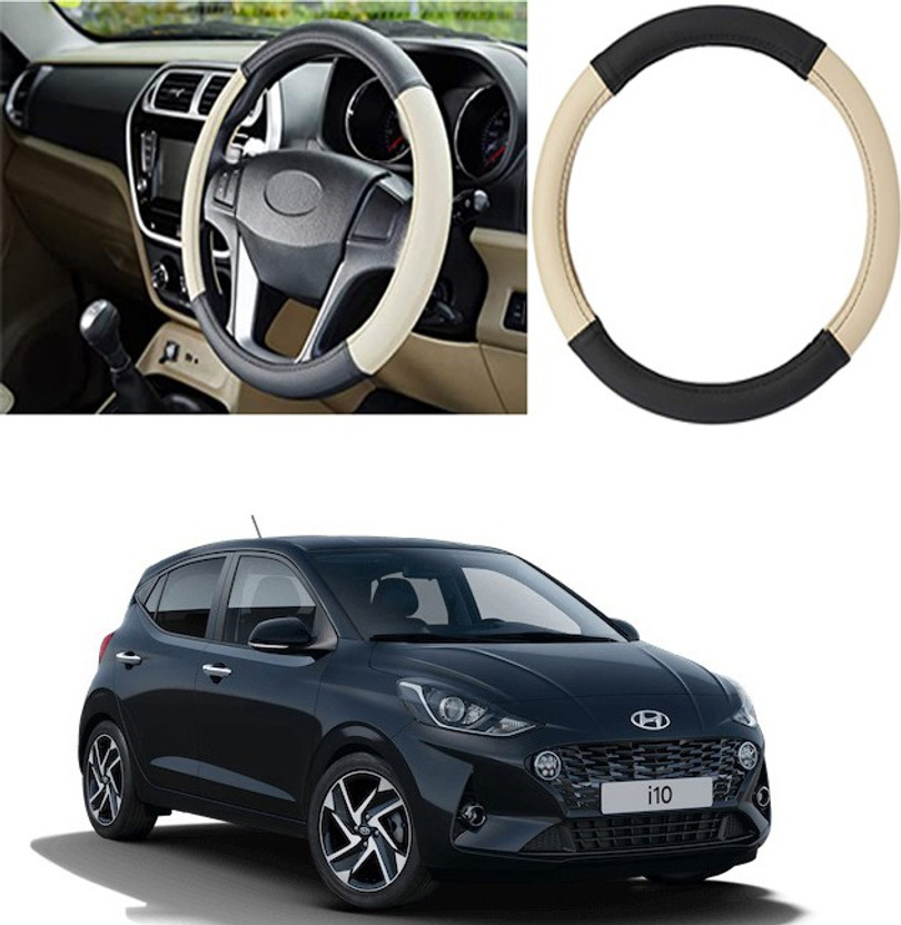 Etradezone Hand Stiched Steering Cover For Hyundai i10(Black, Beige, Leatherite)