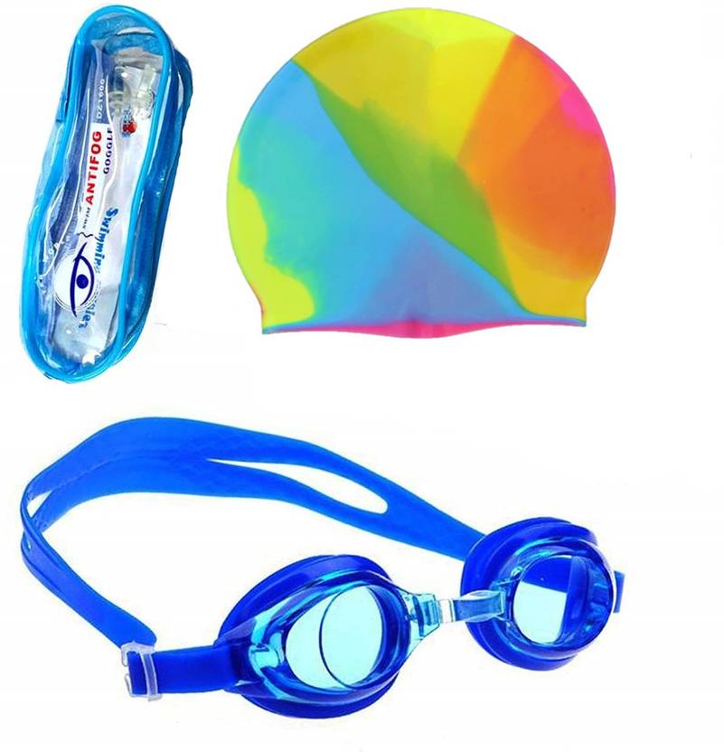 Alice Emporium Swimming Goggles with Rainbow Silicone Cap Swimming Kit