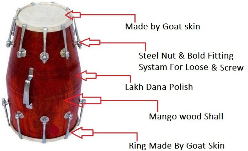 GT manufacturers Dugga Dholak 16 inch Nut & Bolts Dholak(Red)